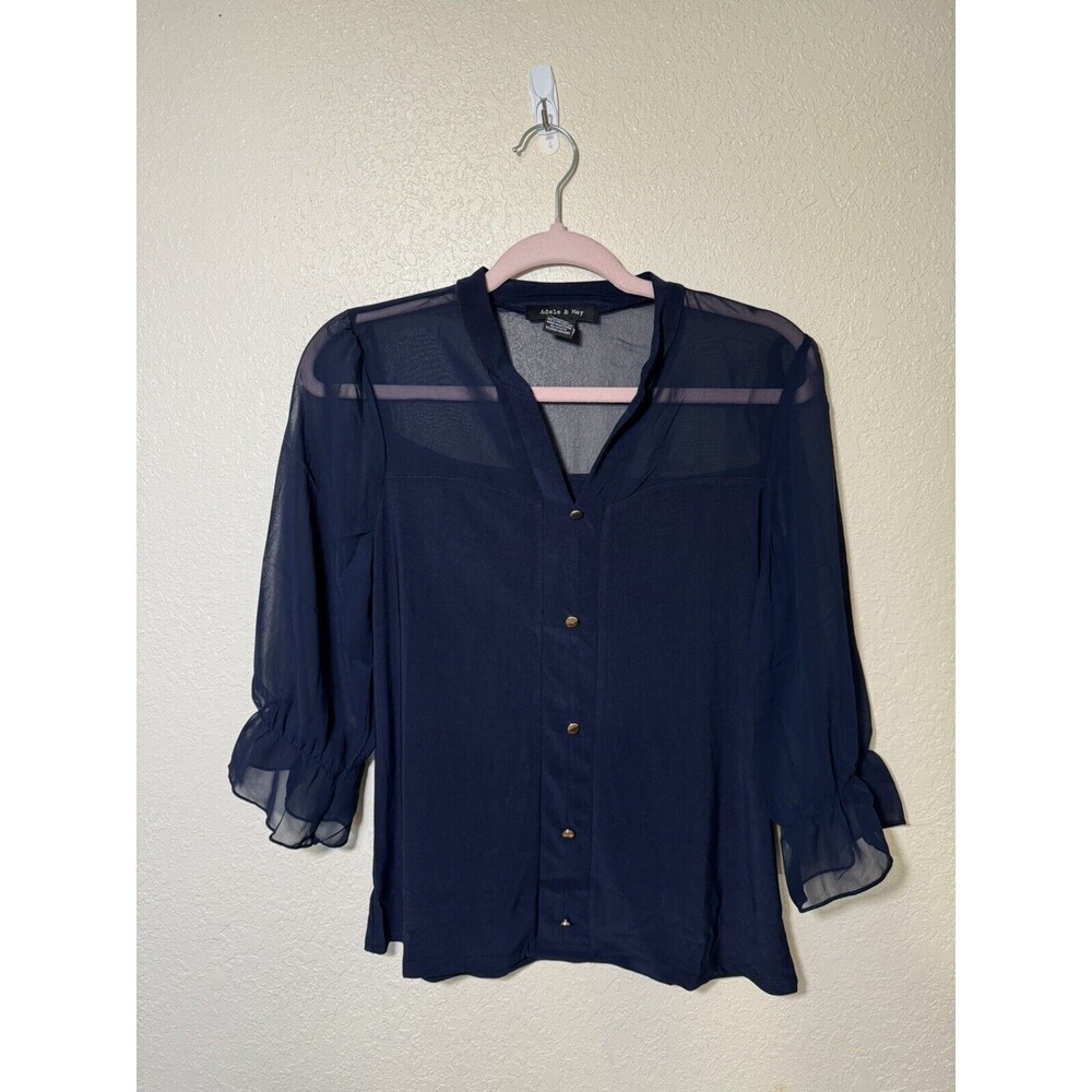 Adele & May navy blouse with sheer shoulders casual office Size Small - Picture 3 of 14